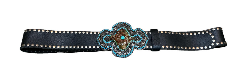 Cache Vintage Black Leather Studded Belt Turquoise Carnelian Western Y2K Medium
